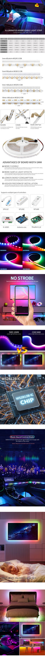 WS2812B RGBIC COB LED Strip WS2812 High Density Individually Addressable 60/100/160Leds/m Smart Dream Color COB Led Light DC5V