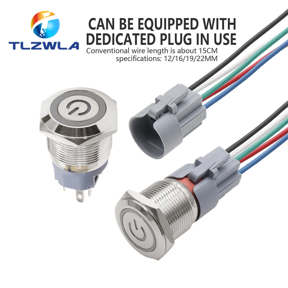 12/16/19/22mm Waterproof Metal Push Button Switch LED Light Momentary Latching Car Engine Power Switch 12V 24V Red Blue