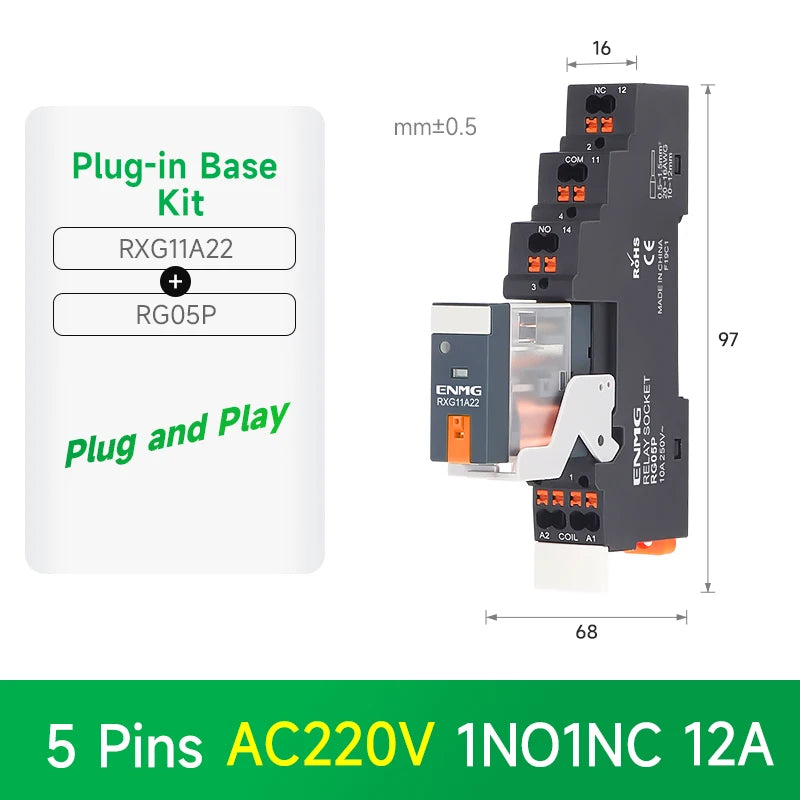 ENMG RXG Slim Power Relay 12A 24VDC/220VAC Coil, DIN Rail Mount Industrial Relay for PLC Control System