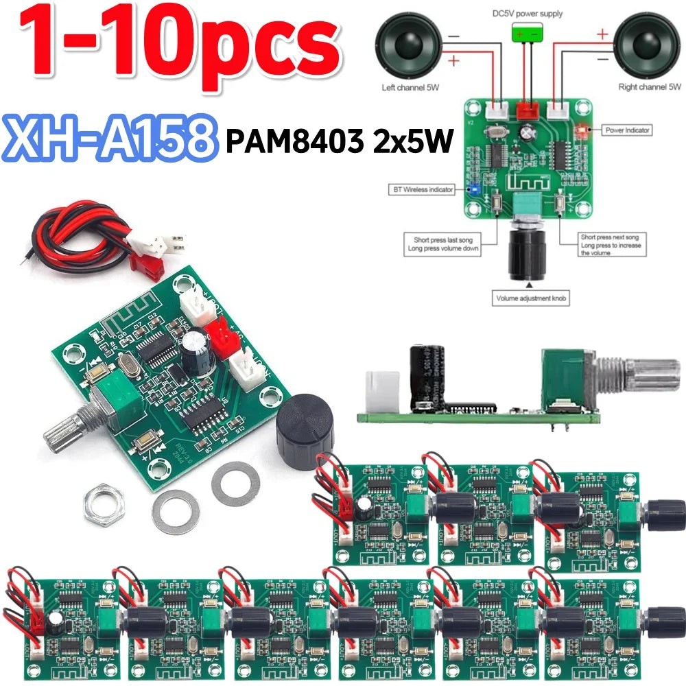 1-10pcs XH-A158 PAM8403 2x5W Bluetooth 5.0 DC 5V Dual Channel Audio Amplifier Board Ultra Clear Wireless Speaker Amplifier Board