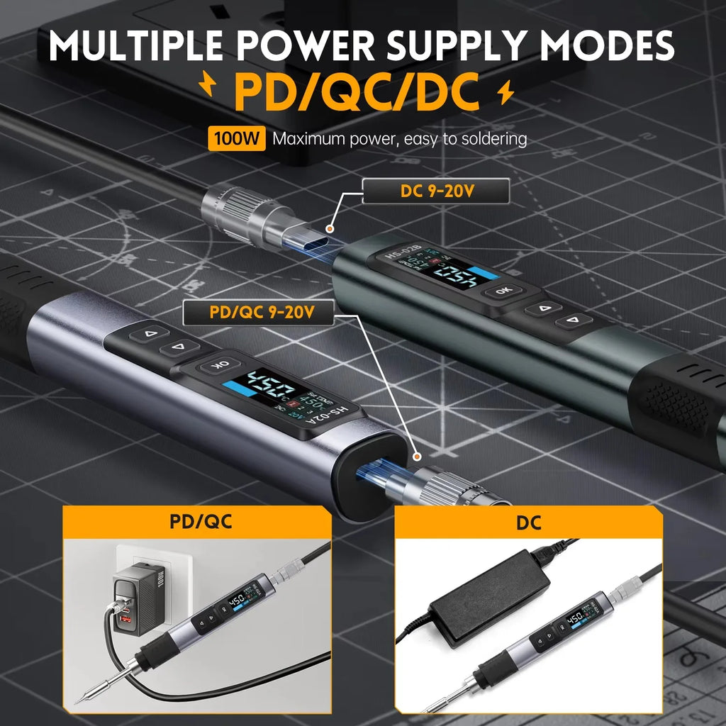 FNIRSI HS-02 Portable Intelligent Soldering Iron 100-450℃ Fast Heat Up 100W Type-C PD Fast Charging for Welding Repair Tools