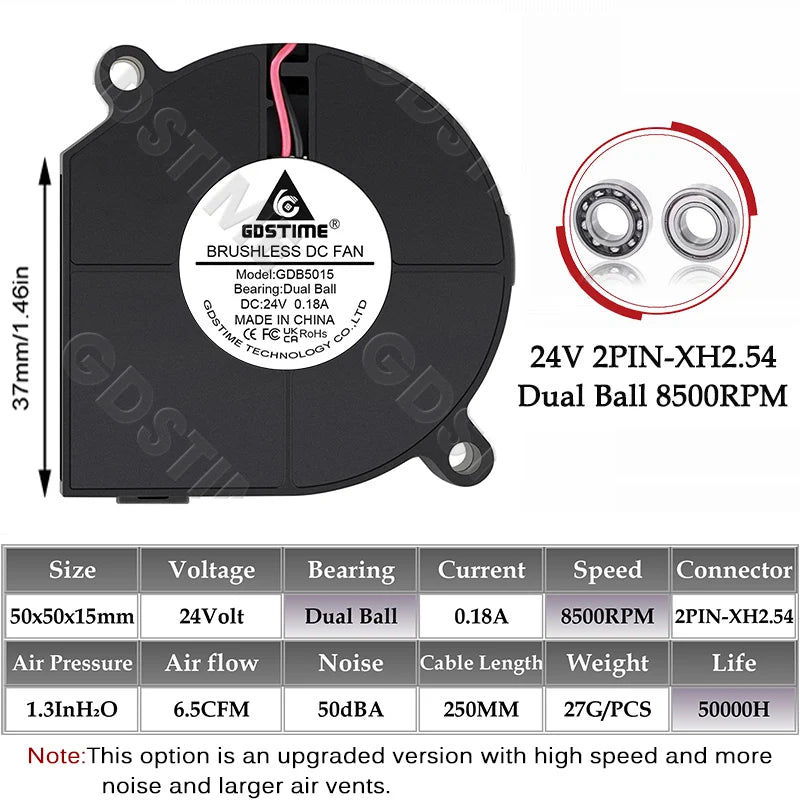Gdstime Blower 5015 Fan 24V 50x50x15MM Turbo Fan 50MM Dual Ball Brushless Cooler Fan 8500RPM High Speed for 3D Printer Part