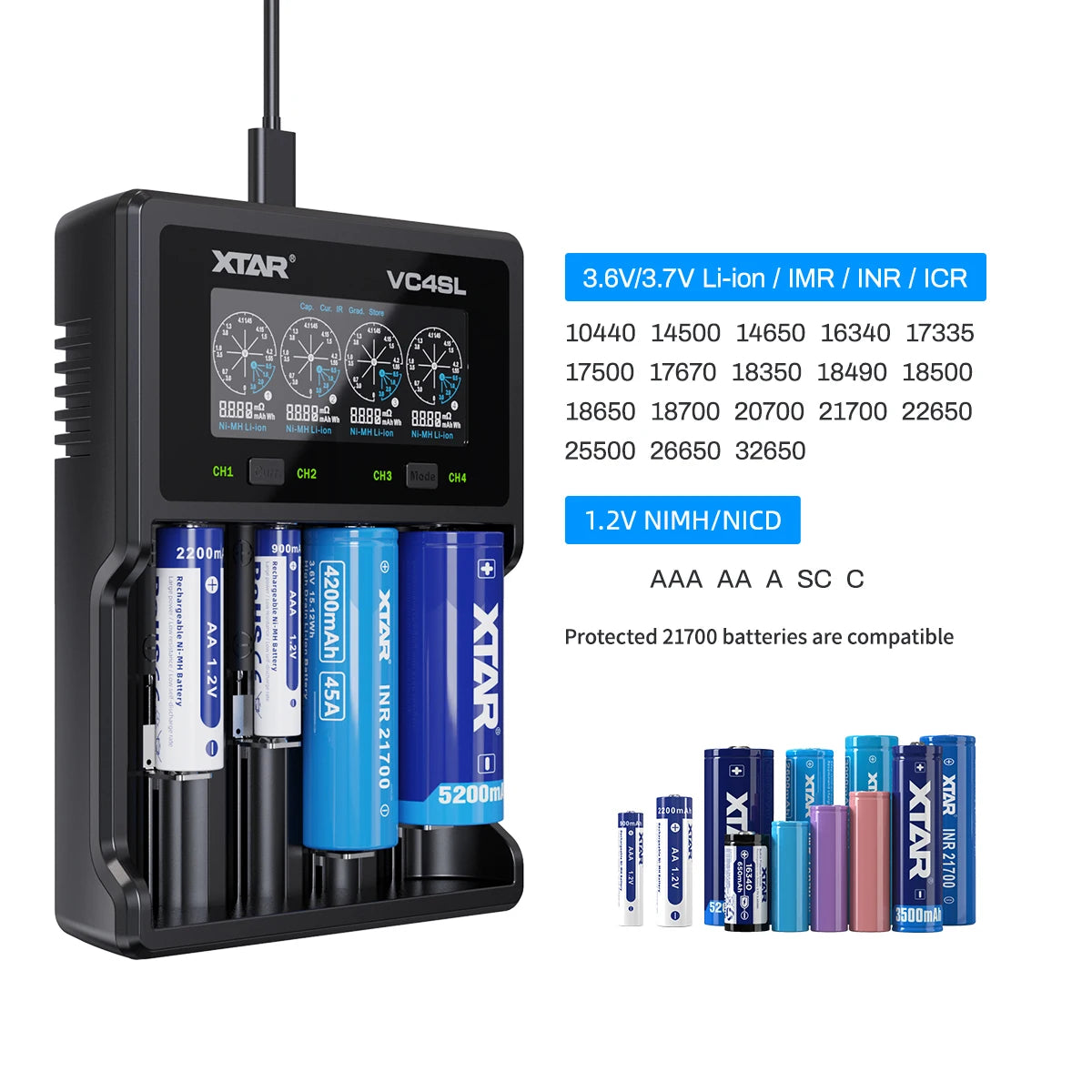 XTAR VC4SL 18650 Battery Charger USB C QC3.0 Fast Charge 1.2V Ni-MH AAA AA Batteries Rechargeable Li ion 21700 Battery Charger