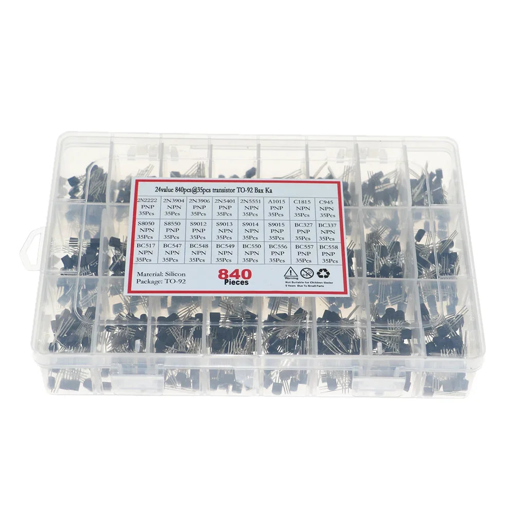 840pcs 24Values TO-92 PNP/NPN Transistor Assortment Kit BC327 BC337 BC547 2N2222 3904 3906 C945 BC517 BC550 BC556 BC558 S9014