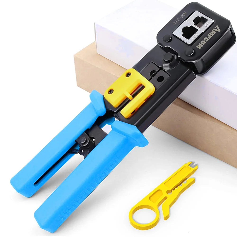 AMPCOM RJ45 Crimp Tool Pass Through Cat5 Cat5e Cat6 Crimper Cutter Stripper for RJ45 RJ12 RJ11 8P 6P End Pass Through connector