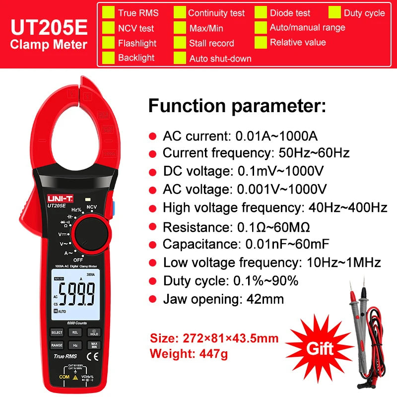 UNI-T 1000A True RMS Digital Clamp Meter 1000V AC DC Voltmeter Pliers Ammeter UT206B UT207B UT208B Inrush Current LPF ACV Test