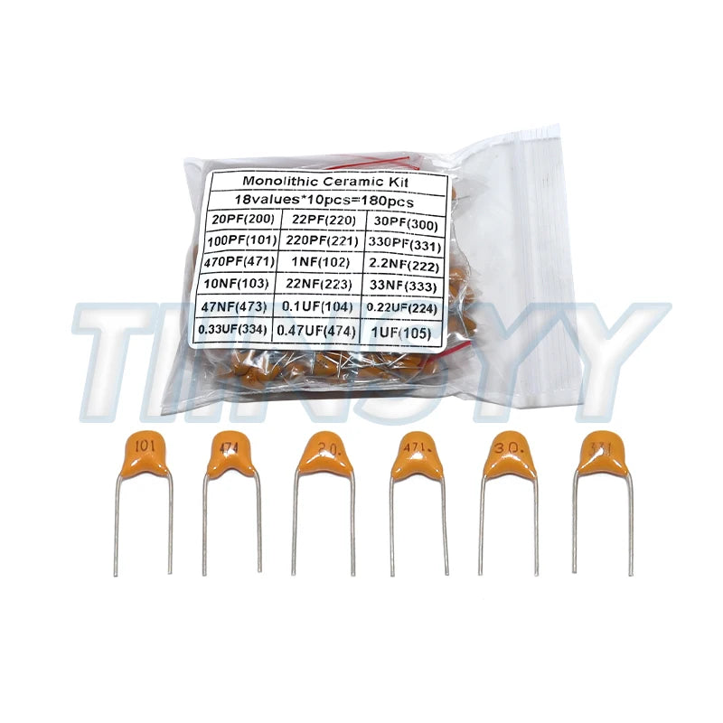 180PCS 18values*10pcs 20PF-1UF 50V Capacitance Assorted DIY Set Monolithic Ceramic Capacitor Kit