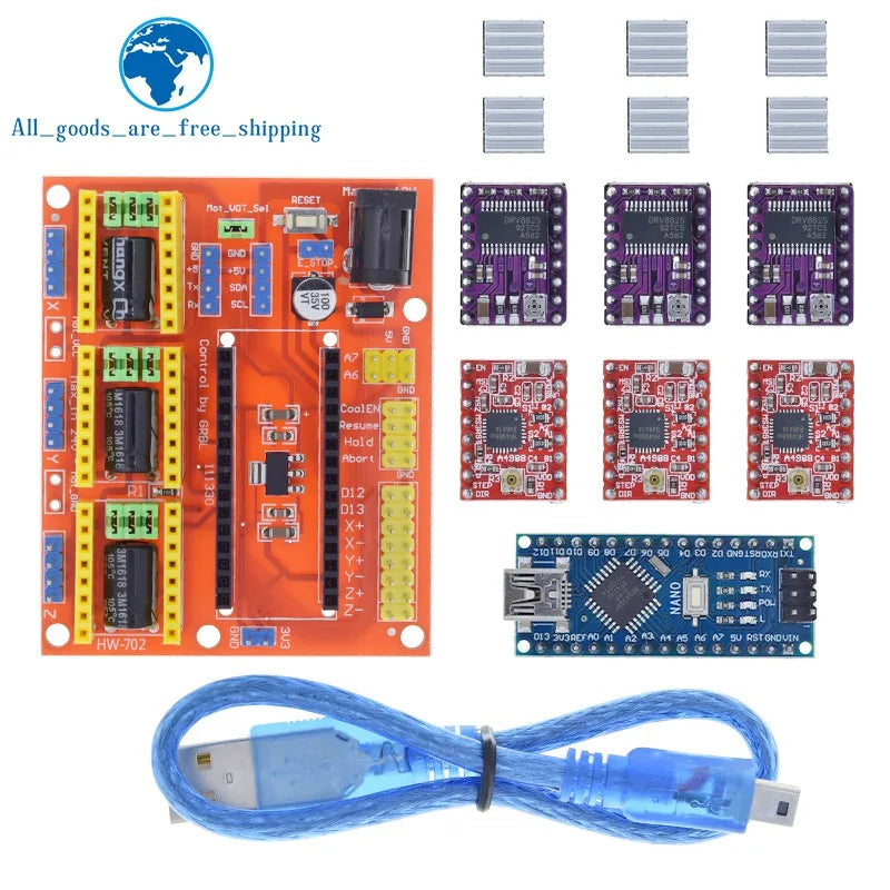 TZT 1SET 3DV4 CNC Shield V4 + Nano 3.0 + 3pcs DRV8825 or A4988  Reprap Stepper Drivers Set For  Arduino
