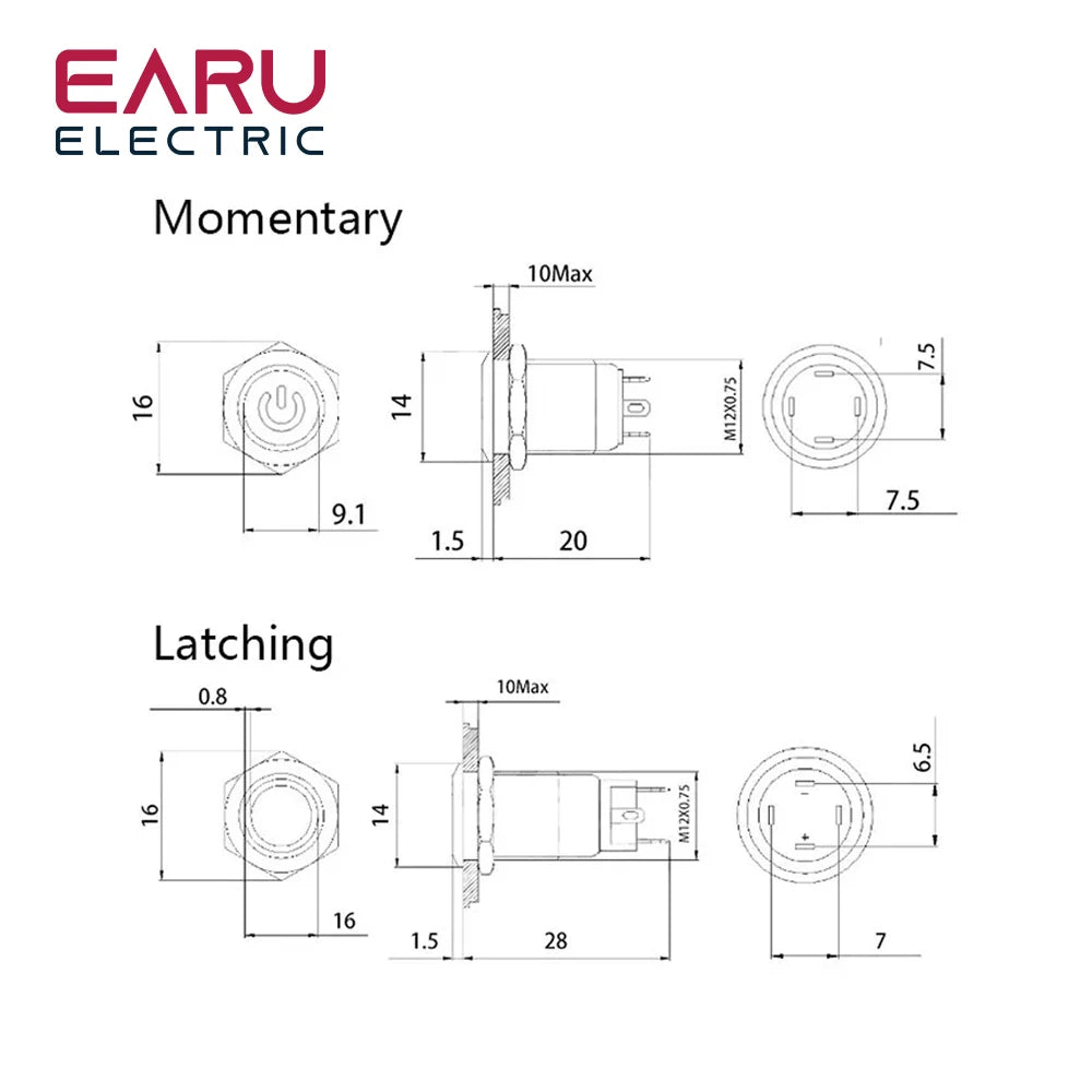 12mm Flat High Head Waterproof Metal Push Button Switch LED Light Momentary Latching Car Engine Computer PC Power Switch 3-380V