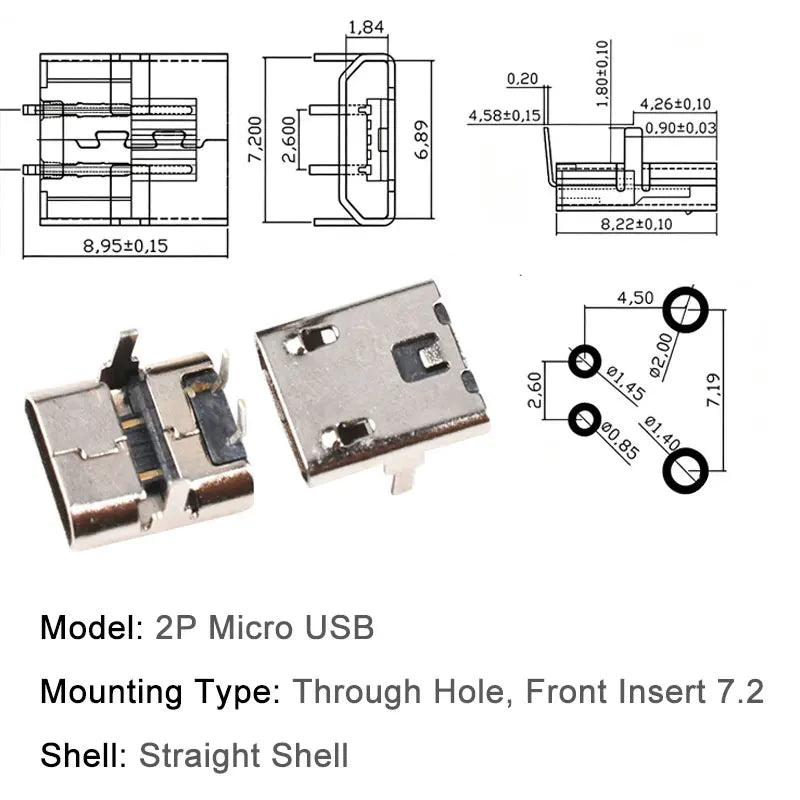 100/1000PCS Micro USB Android Female Charging Socket, Flat Edge Crimped Type, 5Pin, 4 Mounting Pins, SMD & DIP Tail Connector