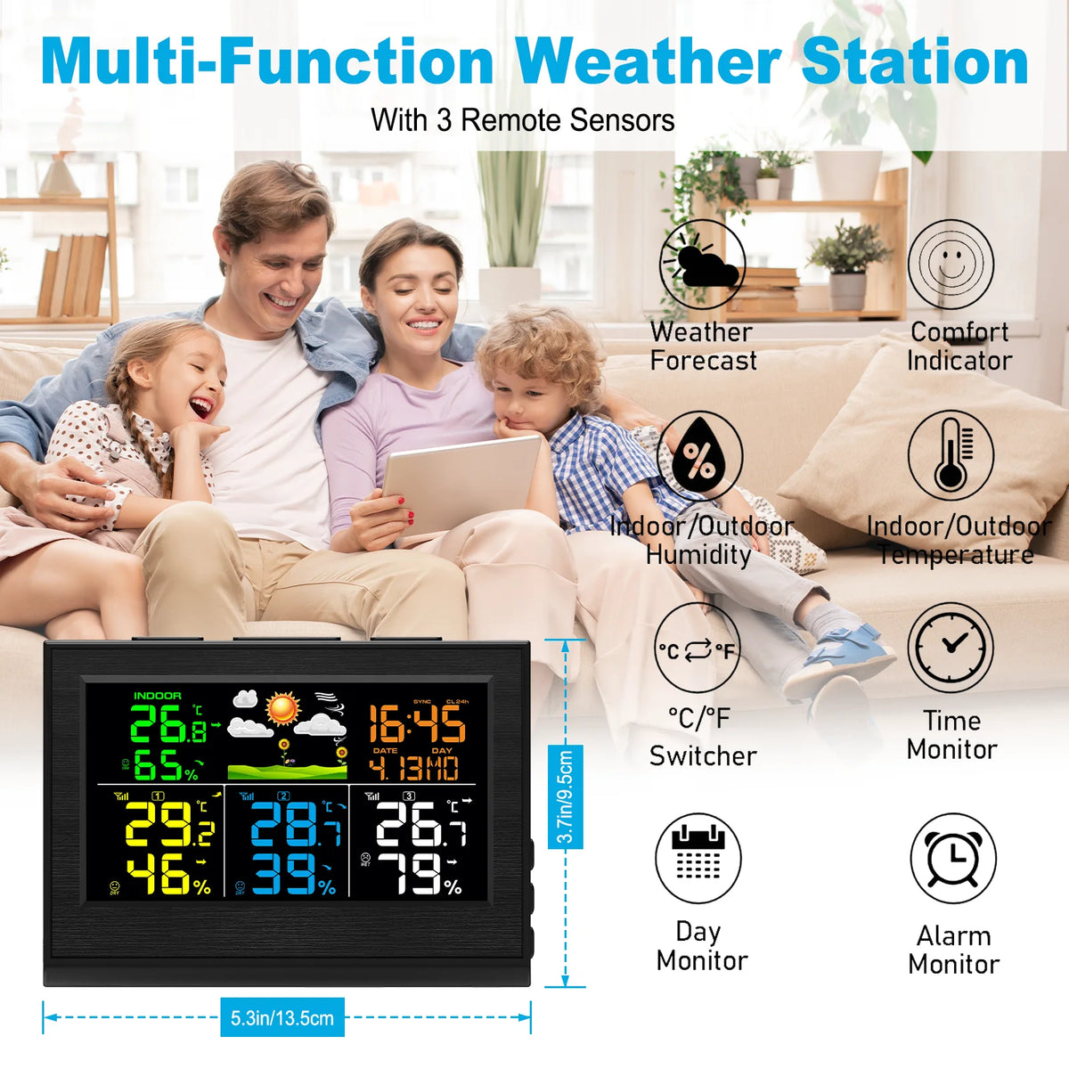 Wireless Weather Station with 3 Sensors 8 Channels 100m Range Indoor/Outdoor Thermometer Hygrometer Alarm Clock for Home Office