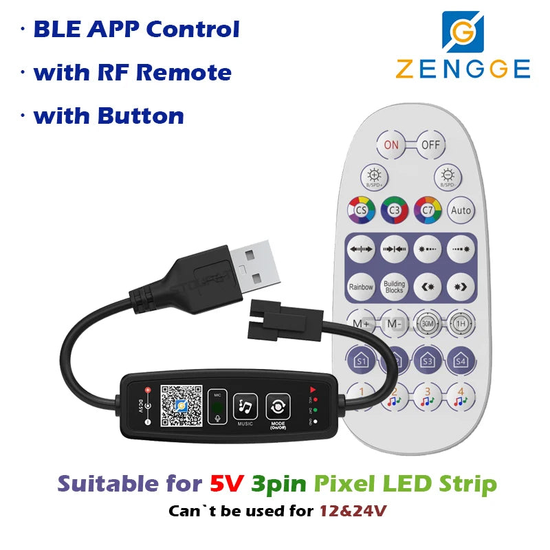 BLE WS2812B Controller BT Music for Pixel LED Strip Light SK6812 WS2811 WS2812 LED Light Strip USB 5V APP Remote Controller