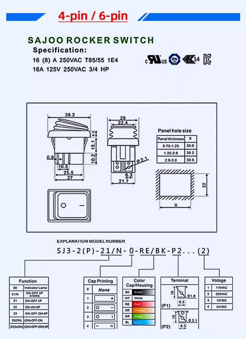 SAJOO Waterproof Rocker Switch KCD4 4Pin/6Pin DPDT With LED Lights Vehicle Boat Power Switch ON OFF 12V 24V 220V Size 22*30mm