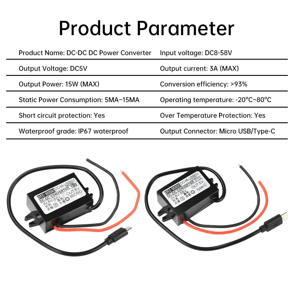 DC 8-58V 12V 24V 48V to 5V 3A DC DC Step Down Converter 15W Type-C Micro USB Buck Power Supply Module
