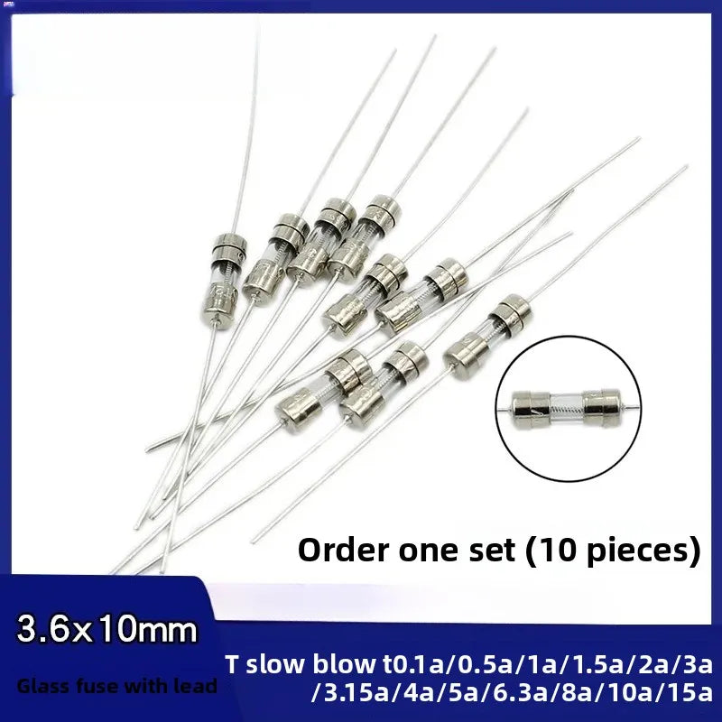 20Pcs 3.6*10 3*10 4*11 Glass fuse Fast/Slow blow 250V 0.5A 1A 2A 3A 3.15A 4A 5A 6.3A 10A 15A with legs F/T type 3.6x10 3x10 4x11