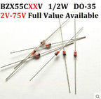 100pcs 1/2W Zener Diode DO-35 BZX55C2V2 2V 2.2/2.4/2.7/3/3.3/3.6/3.9/4.3/4.7/5.1/5.6/6.2/6.8/7.5/8.2/9.1/V  10V 11V 12V 13V 15V