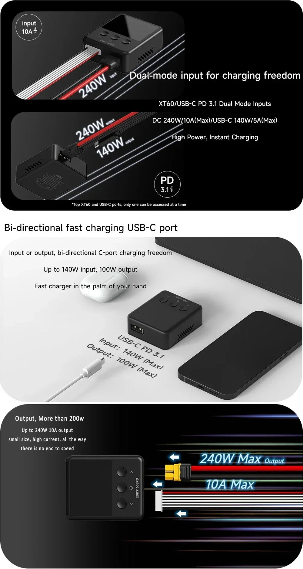 ISDT 608PD Lipo Balance Charger Discharger 240W/10A DC & 140W/5A PD Smart Digital Charger for LiPo/LiFe/LiHV RC Batteries