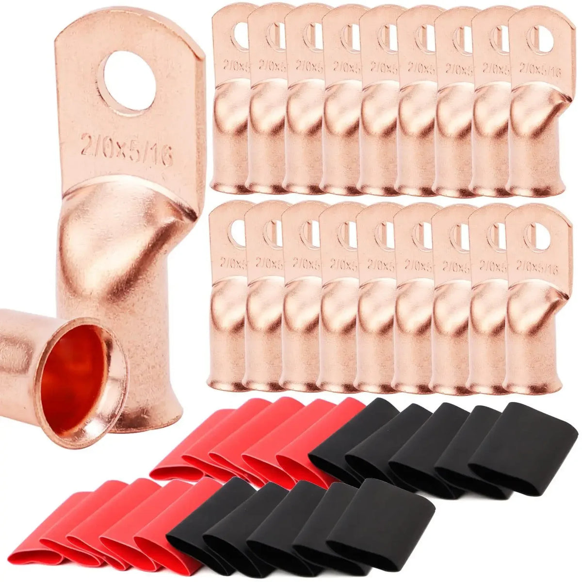 10pcs Copper Terminal Connectors, AWG 2 4 6 8 1/0 2/0 Ring Lug With Shrink Tubing 10Battery Cable Lugs, With 10 Shrink Tubing