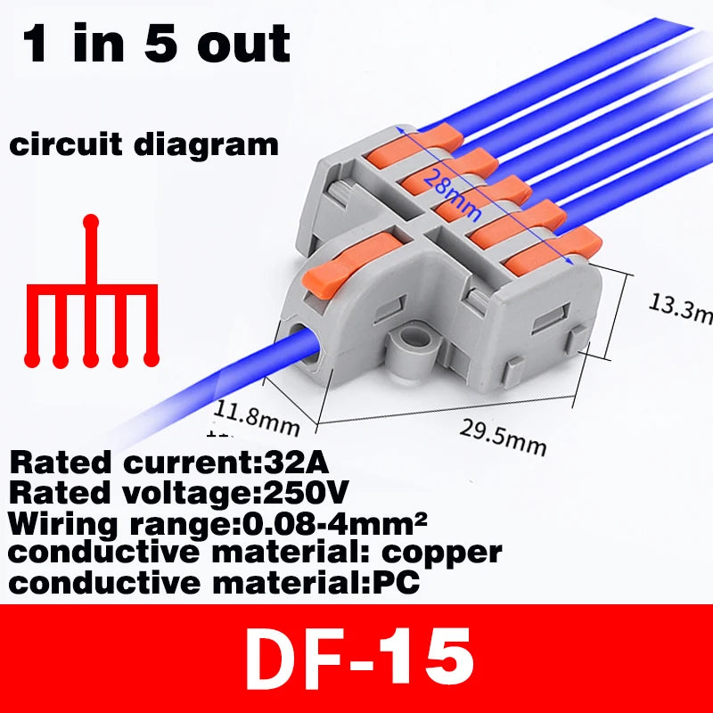 Fast Universal Compact Conductor Junction Box Spring Splice Terminal Block Push-in Wire Connector Cable Splitter 1 in 3/4 out