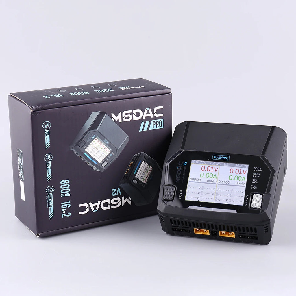 ToolkitRC M6DAC PRO V2 Dual Channel Smart Lipo Battery Charger Discharger AC 200W DC 800W 16A for 1-6S LiHV LiPo PD65W FPV Drone