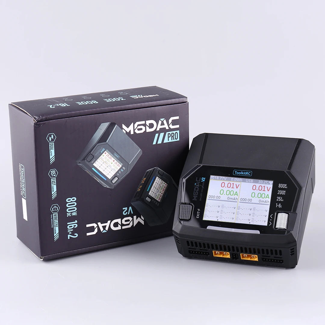 ToolkitRC M6DAC PRO V2 Dual Channel Smart Lipo Battery Charger Discharger AC 200W DC 800W 16A for 1-6S LiHV LiPo PD65W FPV Drone