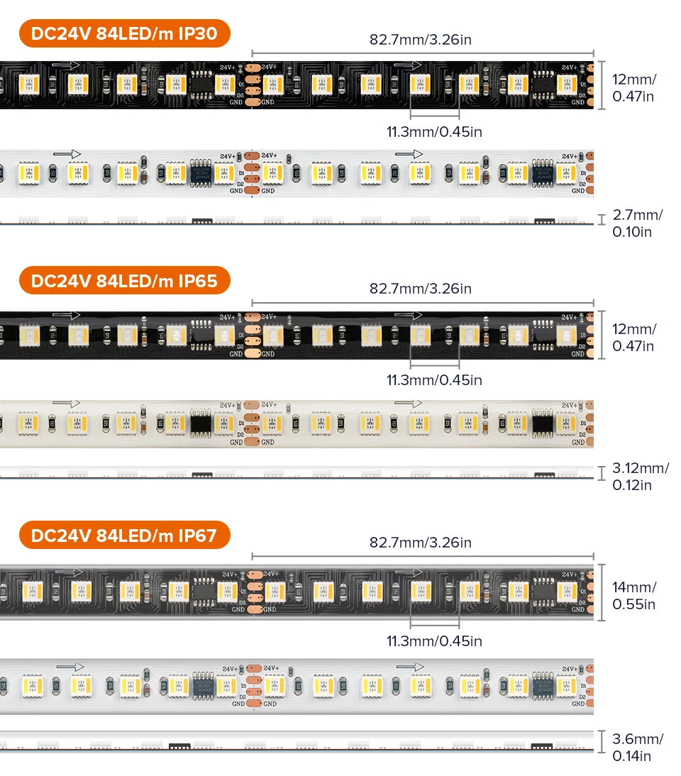 WS2805 Pixels LED Strip Light RGBCCT 5 in 1 Addressable LED Lights Dual Signal RGB WW CW 3000K-6500K DC12V 24V 1 IC to 3/6/7 LED