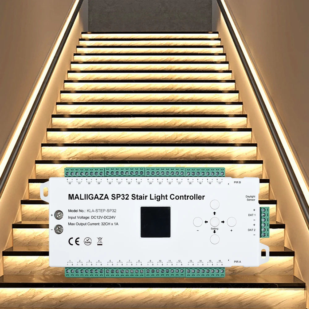 Motion Sensor Stair LED Controller 12V 24V Stair Step LED Strip Light Side Pixel Strip Light 1-32 Steps Indoor Stairway Lighting