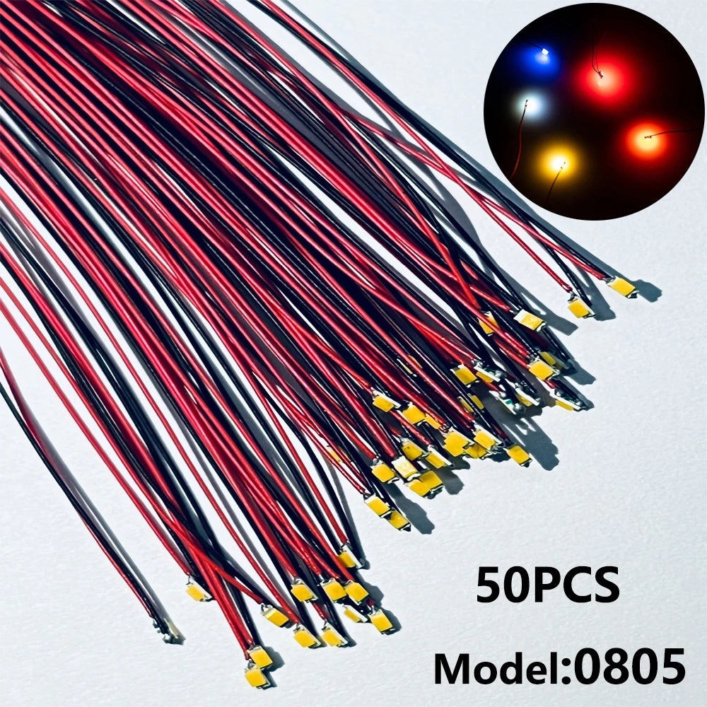 50pcs 0805 FLASHING LED SMD Lamp Wired Micro Litz Led Pre-Soldered Chip Wired 3V Railway Model Toy Light DIY Leads Wires 30cm