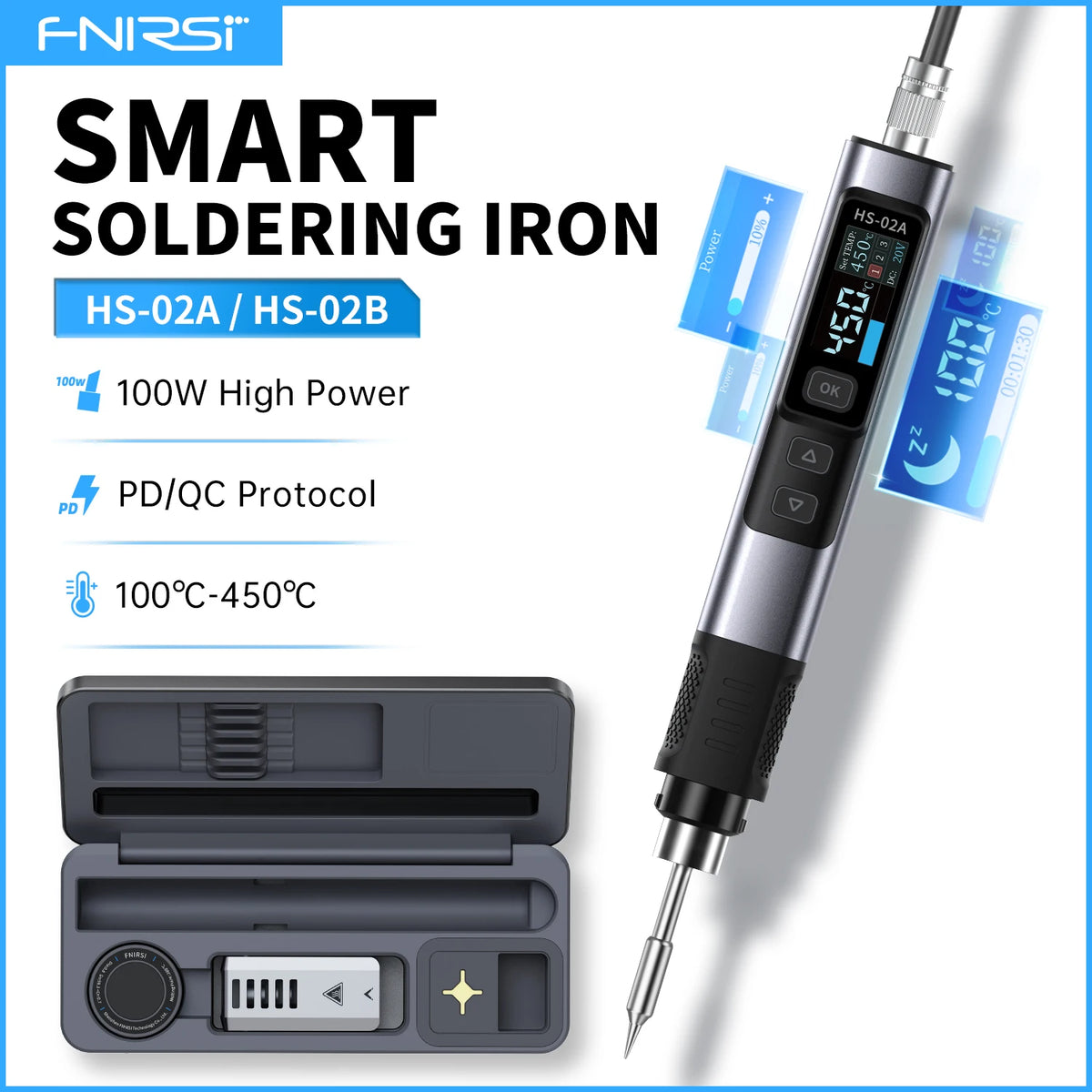 FNIRSI HS-02 Adjustable Temperature Soldering Iron DC 20V 100-450℃ Welding Solder Rework Station PD 100W Portable Repair Tool