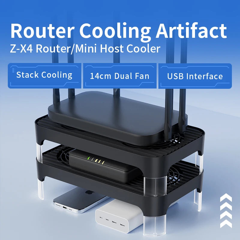 Zezzio Z-X4 Router Radiator USB Powered Router Cooling Router Cooler Base Ptical Cat Set-top Dual 14CM Fan Host Bracket