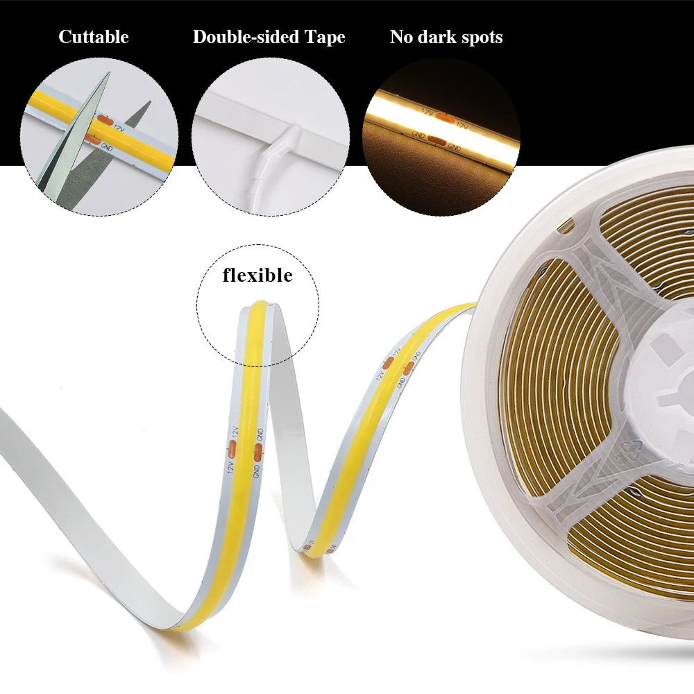 DC 12V 24V COB Strip 320Leds/M High Density RA90 White Pink Yellow Ice Blue Red Green Flexible Ribbon Rope LED Light