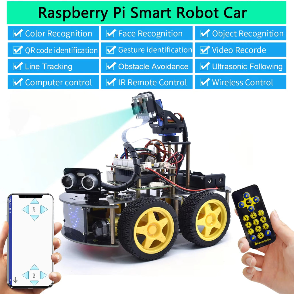 Keyestudio 4WD Smart Robot Car Kit For Raspberry Pi With Megapixels Camera Module and Programming Tutorials( No RPI 4B Board)