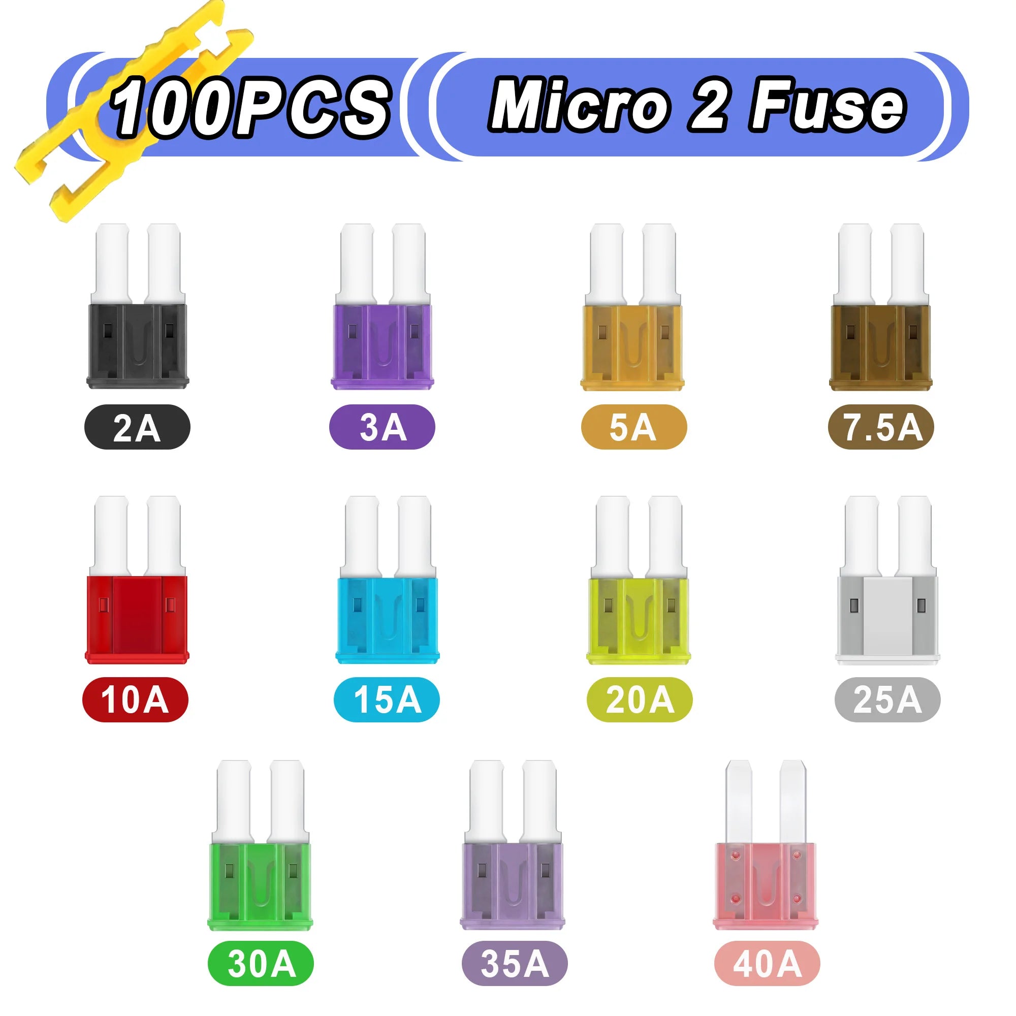 100pcs Micro 2 Automotive Fuses 2A 3A 5A 7.5A 10A 15A 20A 25A 30A 35A 40A ATR/APT Blade Fuses for Car RV Truck SUV Boat