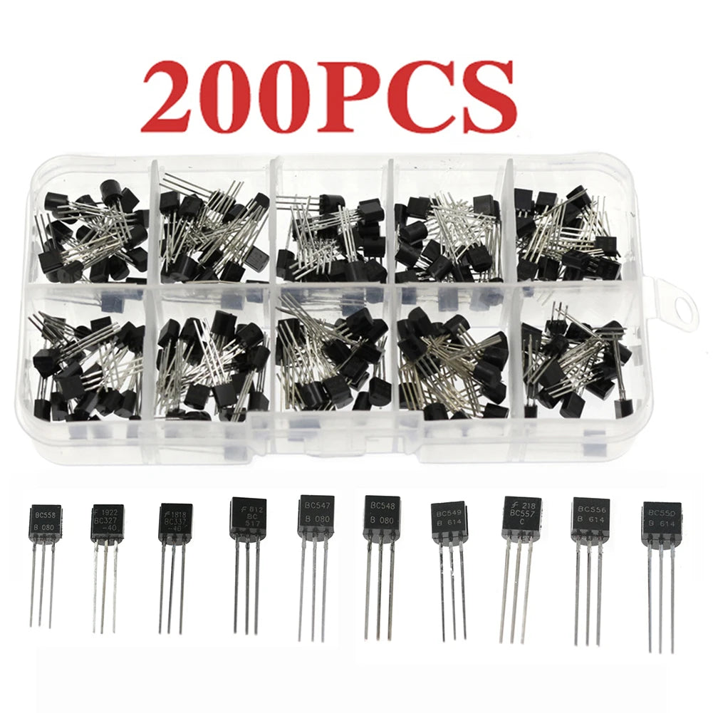 200Pcs Transistor Assortment 10 Values TO-92 Transistor Kit Assortment Box PNP NPN BC547 BC548 BC549 BC550 BC556 BC557