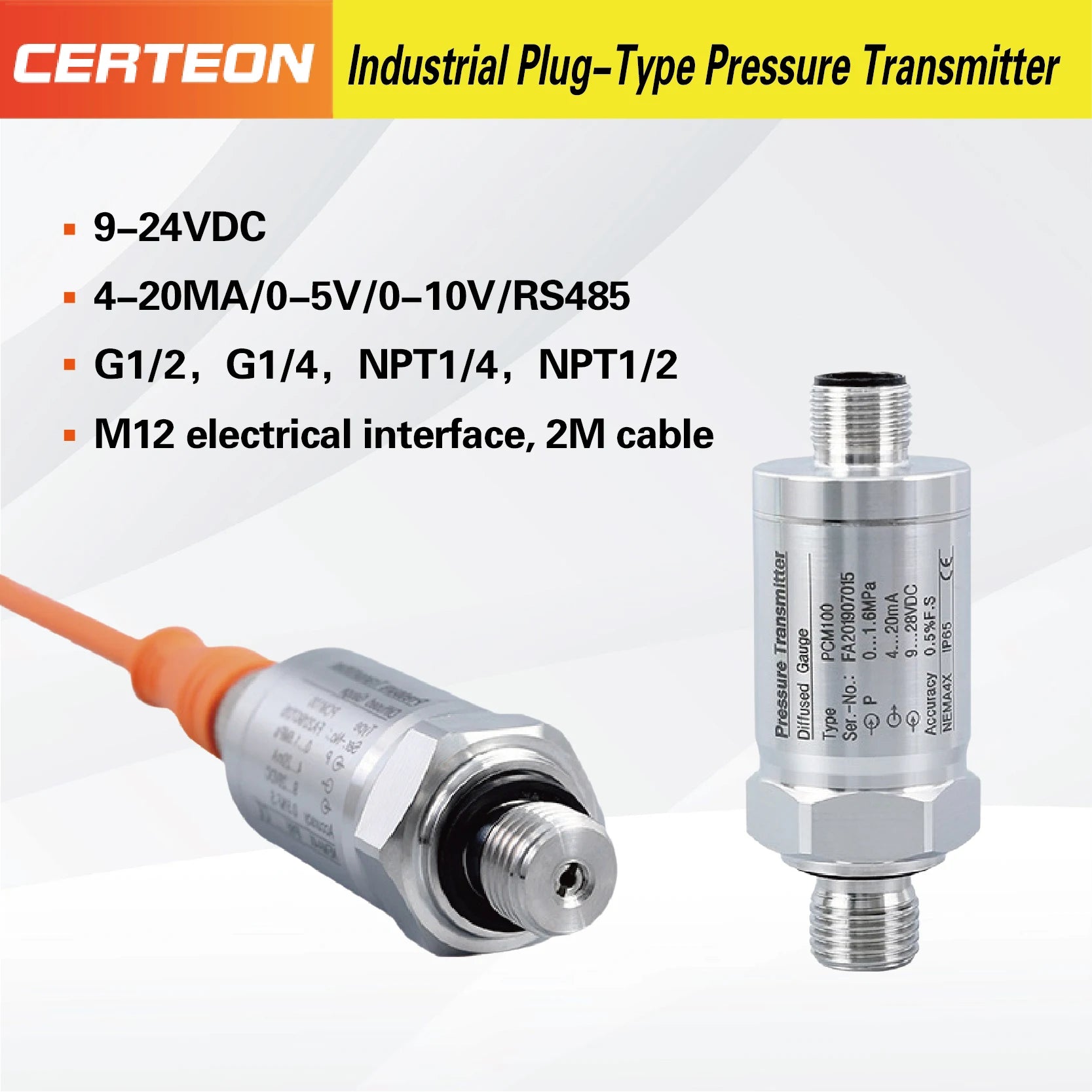 Pressure Transmitter 4-20mA Industrial Sensor M12 Connector IP67 Hydraulic Oil Air Monitoring