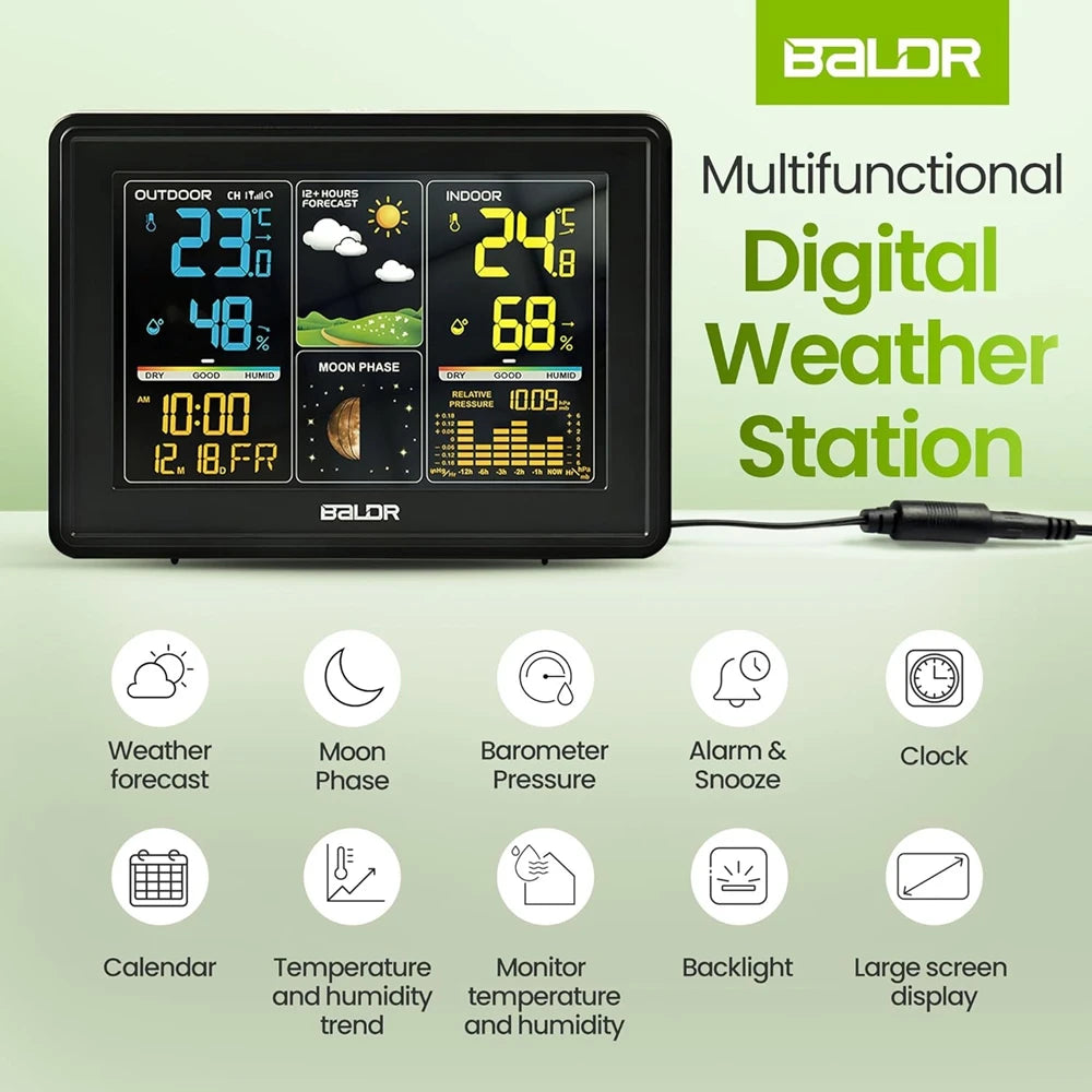BALDR Wireless Digital Weather Station RCC Atomic Alarm Clock Calendar Temperature Humidity Moon Phase Barometer Forecast Sensor