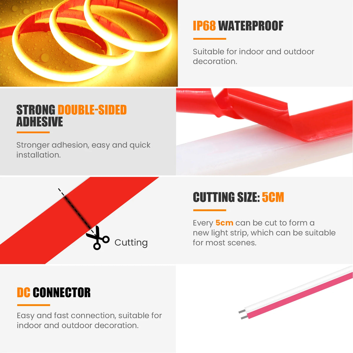 IP68 Waterproof COB LED Strip Light 12V 24V Flexible LED Neon Tape 320LEDs/m High Density Linear Light Outdoor Swimming Pool