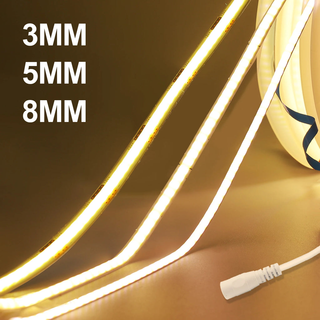 DC 5V/12V/24V COB LED Strip 3MM 5MM 8MM 320Leds/M High Density Flexible COB LED Tape Light For Cabinet Home Linear Lighting