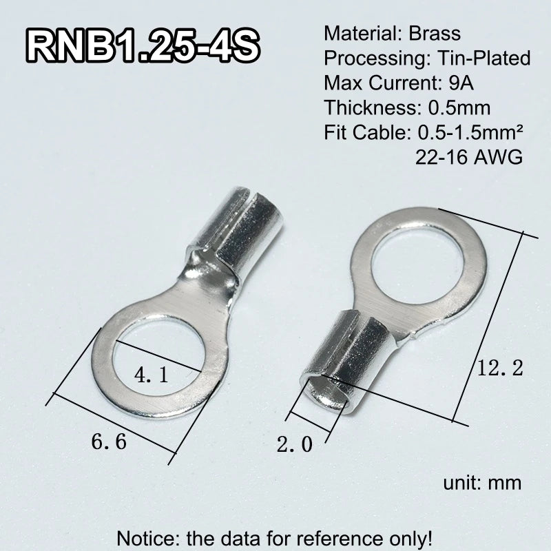 100pcs RNB Brass Ring Bare Terminal Block Connector Cable Lugs Wire Crimping Tips Electrical Connection Strips 12V 2.5mm 4mm 6mm