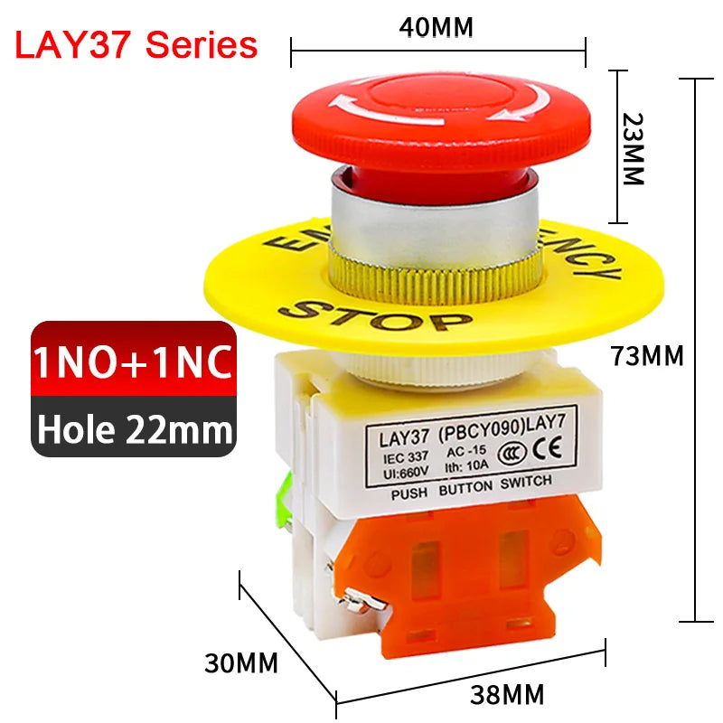 LAY7-11ZS Mushroom Head Emergency Stop Self-locking Button Switch Control Aperture Emergency Stop BButton LAY37