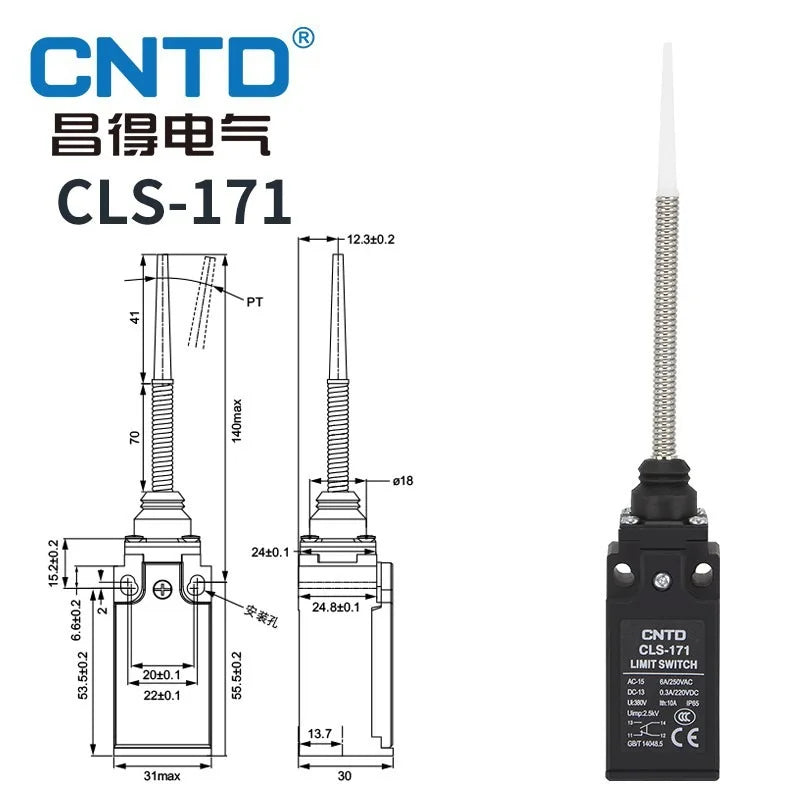 Limit Switch CNTD CLS‑171 Plastic Housing 10A 250VAC 1NO1NC Roller Plunger Type Travel Switch for Mechanical Equipment Industria