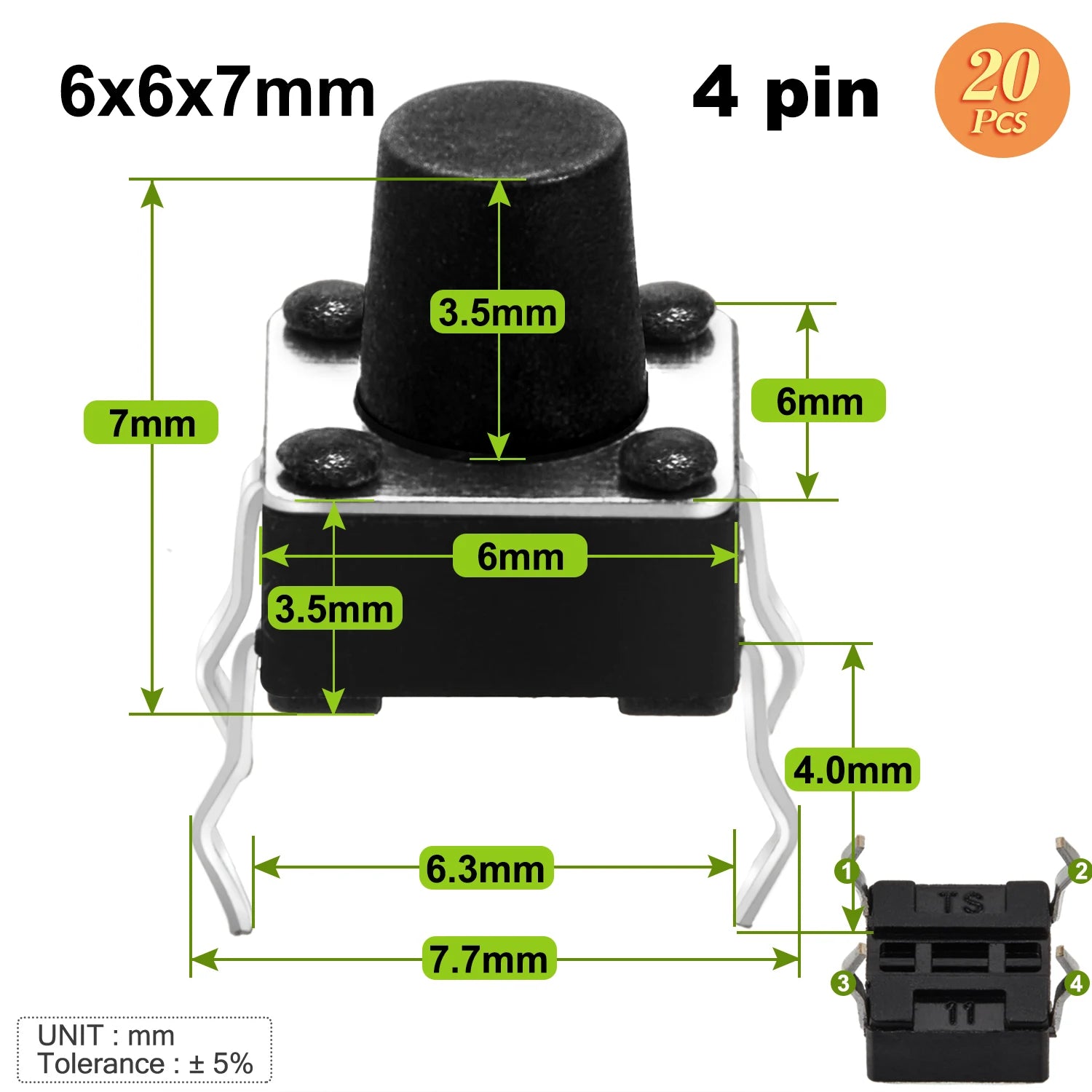 6x6mm Micro Push Switch Touch Button 4.3 5 6 7 mm Mini Tactile Pushbutton Toggle Pcb Momentary 2pin 4pin Push-button for Arduino