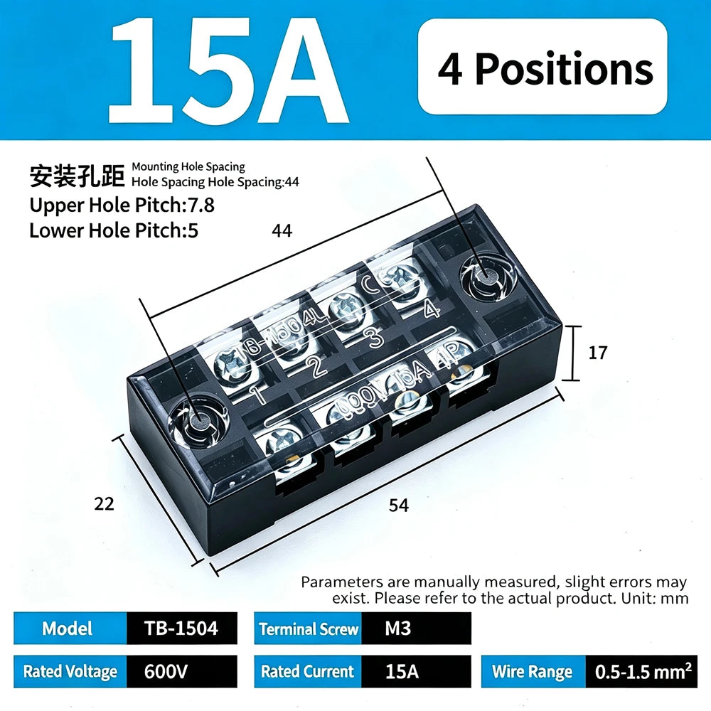 1Pc Dual Row Screw Terminal Block TB1503-TB1520 15A Fixed Wiring Strip Wire Connector