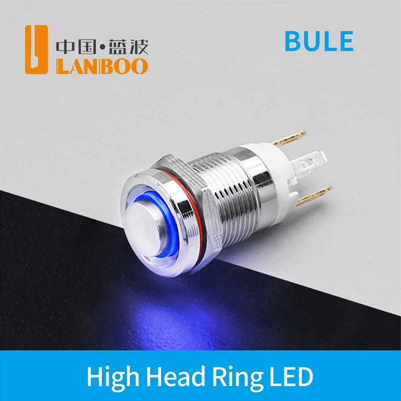 LANBOO 12E 7A High Current 4 Pin Switch Waterproof IP65 Latching or Momentary Micro Metal Push Button Switch with LED 24V220V