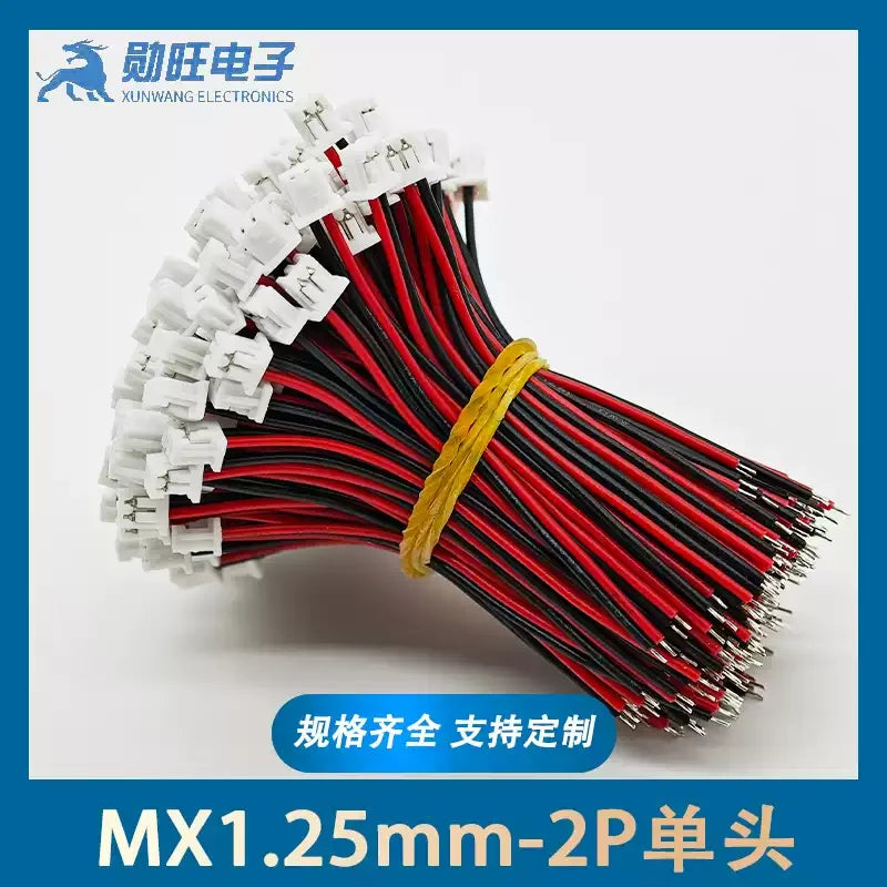 10PCS MX 1.25mm 2 Pin Cable Connector 1.25MM JST 2P red and black Single Head Plug Electronic Wire Connector 100mm 50mm