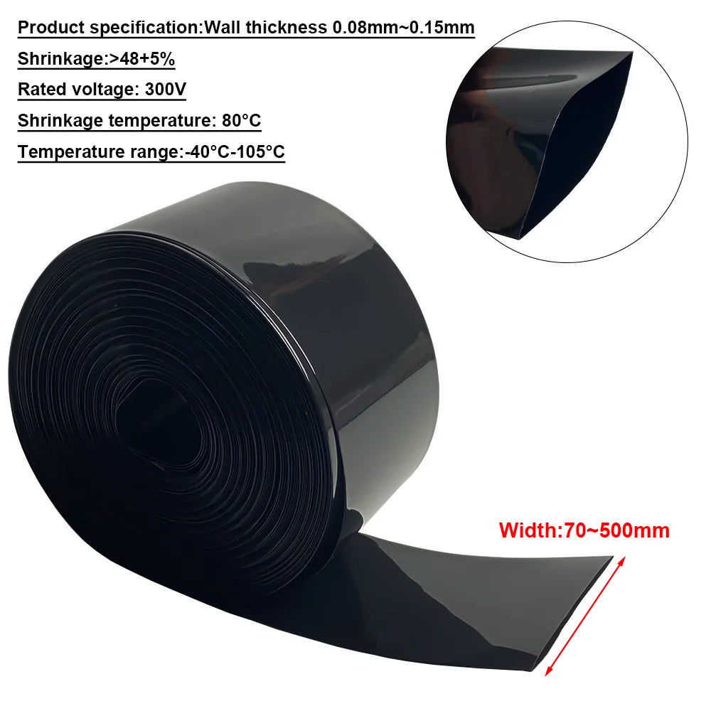 1meter 18650 Lipo Battery PVC Heat Shrink Tube Pack 70mm ~ 500mm Insulated Film Wrap Lithium Case Protection Cable Sleeve Black