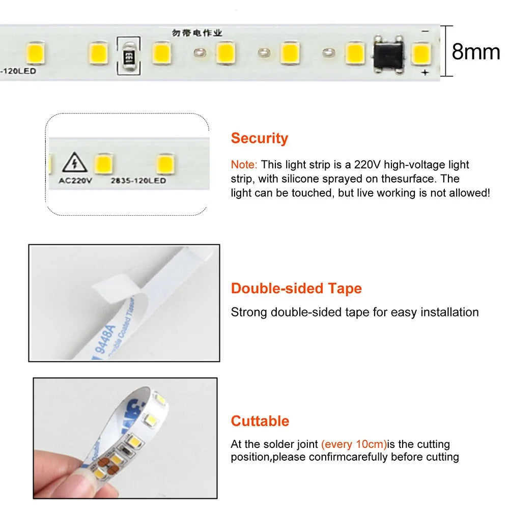 AC220V 230V LED Strip 120LEDs/m 2835 Home Strip High Brightness Ice Blue Green Yellow Pink Flexible And Cuttable Soft Lamp Bar