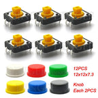 20PCS Tactile Push Button Switch Momentary 12*12*7.3MM Micro switch button with knob Yellow Green Red Kit 12x12x7.3