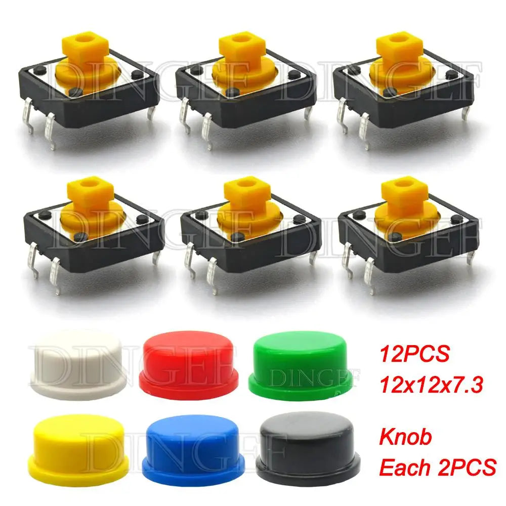 20PCS Tactile Push Button Switch Momentary 12*12*7.3MM Micro switch button with knob Yellow Green Red Kit 12x12x7.3
