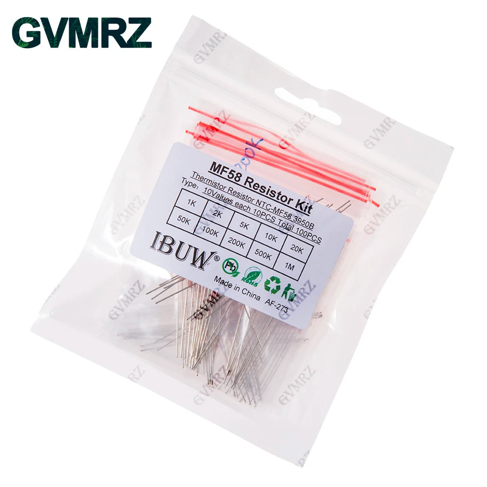 100PCS 10Values MF58 NTC Thermistor Kit 1K-1M 3950B for Temperature Sensing & Circuit Thermal Control Projects